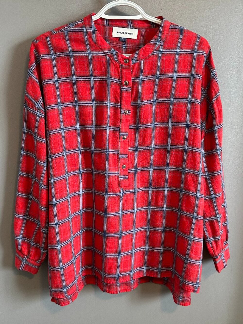 Denim Hunter Red Plaid Popover Blouse Mandarin Collar Size M (38)